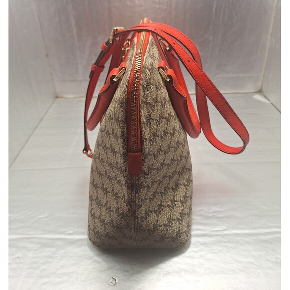 Michael Kors Khaki Monogrammed Coated Canvas/Red Leather Dome Satchel Crossbody - Picture 5 of 12